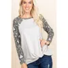 Truedames Casual French Terry Side Twist Top With Animal Print Long Sleeves In Brown