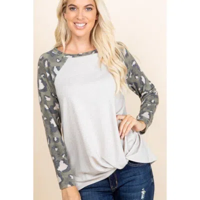 Truedames Casual French Terry Side Twist Top With Animal Print Long Sleeves In Brown