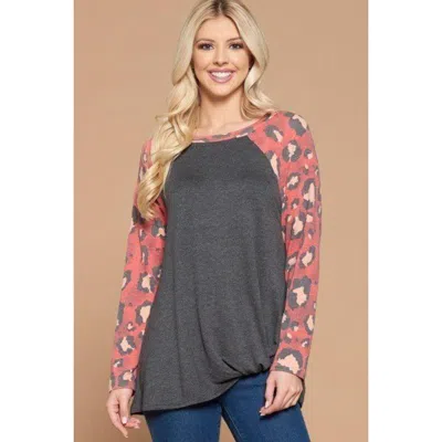 Truedames Casual French Terry Side Twist Top With Animal Print Long Sleeves In Multi