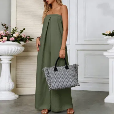 Truedames Casual Strapless Solid Color Wide-leg Jumpsuit In Green