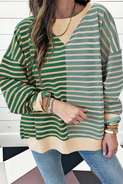 Truedames Casual Stripe Colorblock Drop Shoulder Oversize Sweatshirt In Green