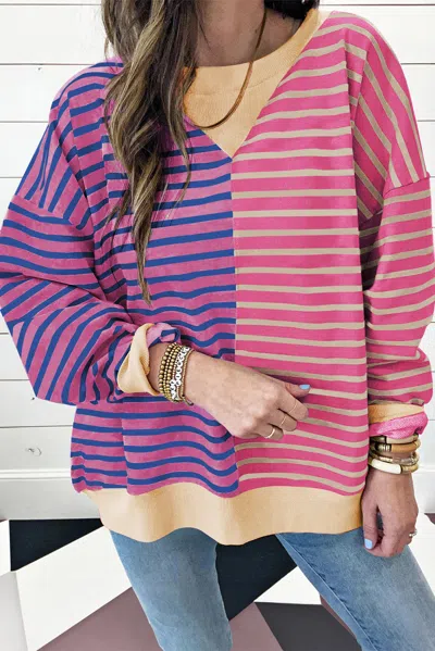 Truedames Casual Stripe Colorblock Drop Shoulder Oversize Sweatshirt In Multi