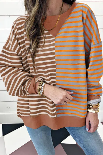 Truedames Casual Stripe Colorblock Drop Shoulder Oversize Sweatshirt In Multi