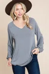 Truedames Casual V Neck Basic Long Sleeve Top In Blue