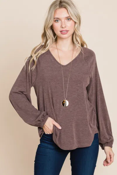 Truedames Casual V Neck Basic Long Sleeve Top In Brown