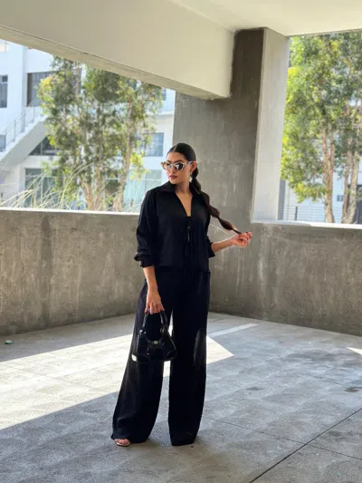 Truedames Casual Wide Leg Pants & Long Sleeve Front Tie Set In Grey