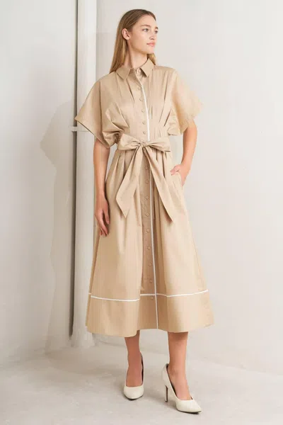 Truedames Catch You Later Khaki Woven Midi Dress In Brown