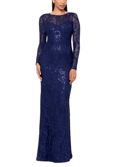 Truedames Cecelia Bateau Neckline Long Sleeves Intricate Lace Overlay Back Zipper Closure Modern Fit Gown Dres In Blue