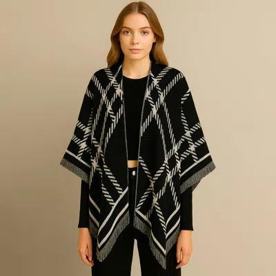 Truedames Check Pattern Print Ruana Poncho In Black