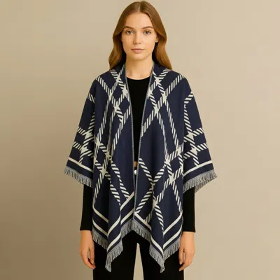 Truedames Check Pattern Print Ruana Poncho In Blue