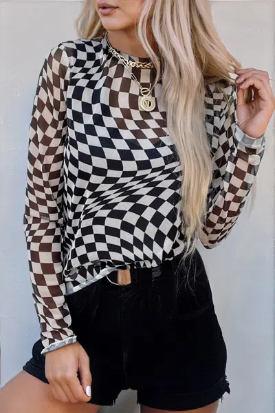 Truedames Checke Pattern Mesh Mock Neck Long Sleeve Top In Black