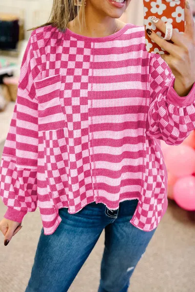 Truedames Checkerboard Striped Patchwork Lantern Sleeve Pocketed Blouse In Pink