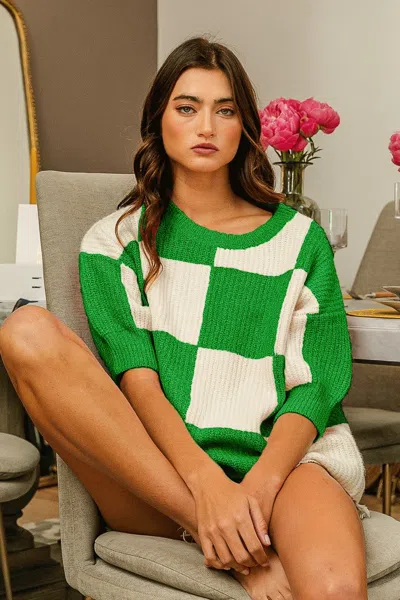Truedames Checkered Contrast Round Neck Sweater In Green