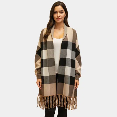 Truedames Checkered Pattern Fringe Trim Shawl Poncho In Sand