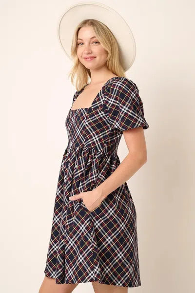 Truedames Checkered Print Puff Sleeve Babydoll Mini Dress In Blue
