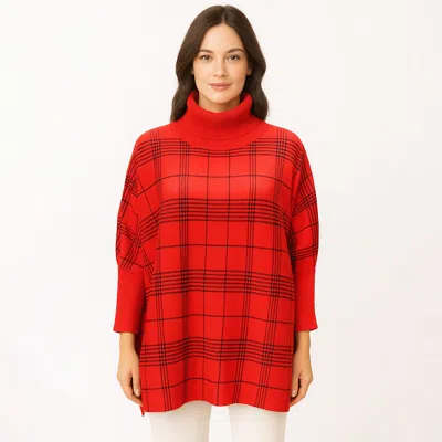 Truedames Checkered Turtleneck Knit Poncho In Red
