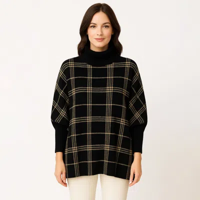Truedames Checkered Turtleneck Knit Poncho In Black