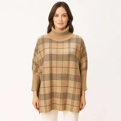 Truedames Checkered Turtleneck Knit Poncho In Sand