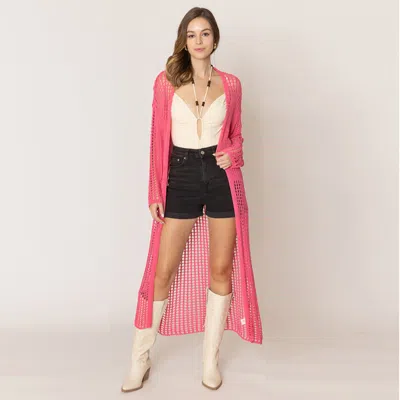 Truedames Chest Blocked Crochet Long Cardigan In Pink
