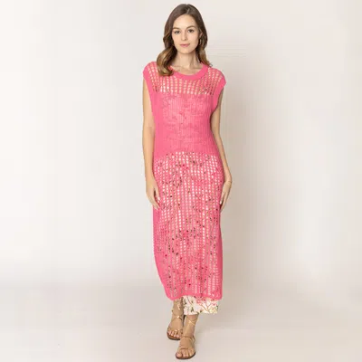 Truedames Chest Blocked Crochet Long Dress In Pink