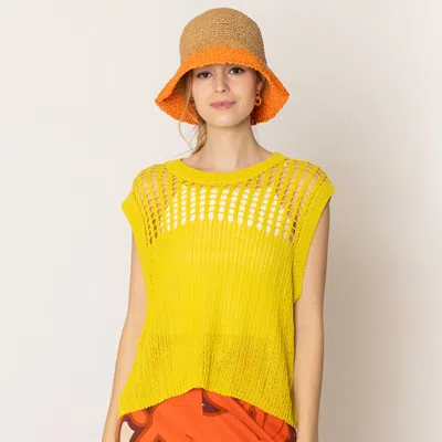 Truedames Chest Blocked Crochet Poncho Vest In Yellow