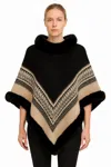 Truedames Chevron Trim Poncho With Faux Fur Collar In Black