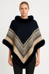Truedames Chevron Trim Poncho With Faux Fur Collar In Blue