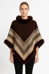 Truedames Chevron Trim Poncho With Faux Fur Collar In Brown