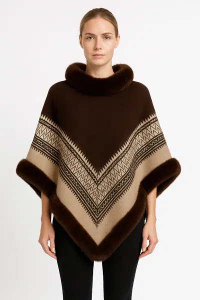 Truedames Chevron Trim Poncho With Faux Fur Collar In Brown