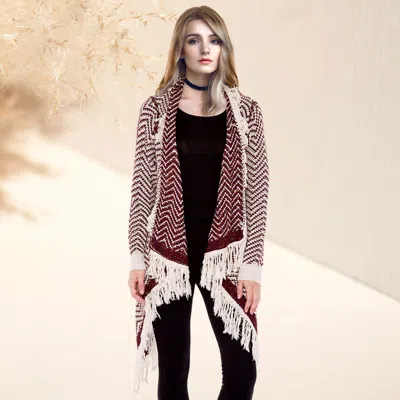 Truedames Chevron Zigzag Pattern Fringe Knit Cardigan In Beige