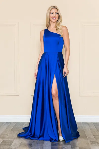 Truedames Chic One Shoulder Long A-line Satin Prom Dress In Blue
