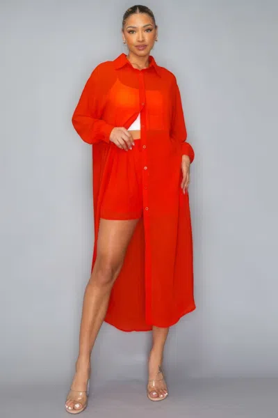 Truedames Chiffon Button Down Long Sleeve Side Slit Long Top With Short Set In Red