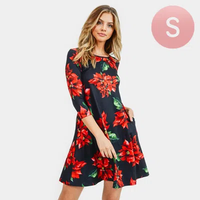 Truedames Christmas Poinsettia Flower Patterned A-line Dress In Black