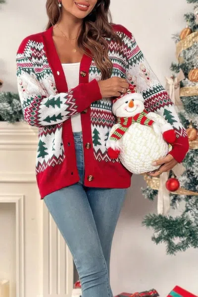 Truedames Christmas Print Knit Button Down Loose Cardigan In Red