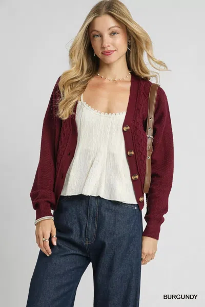 Truedames Chunky Cable Knit V-neck Button-up Cardigan In Burgundy