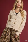 Truedames Chunky Cable Knit V-neck Button-up Cardigan In Neutral