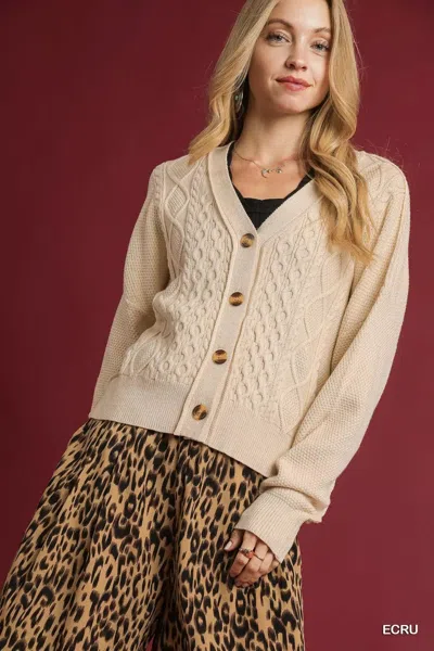 Truedames Chunky Cable Knit V-neck Button-up Cardigan In Neutral