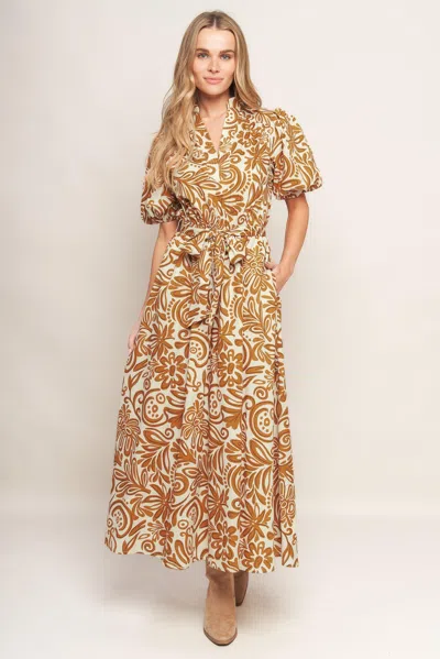 Truedames Cinnamon Garden Woven Midi Dress In Brown