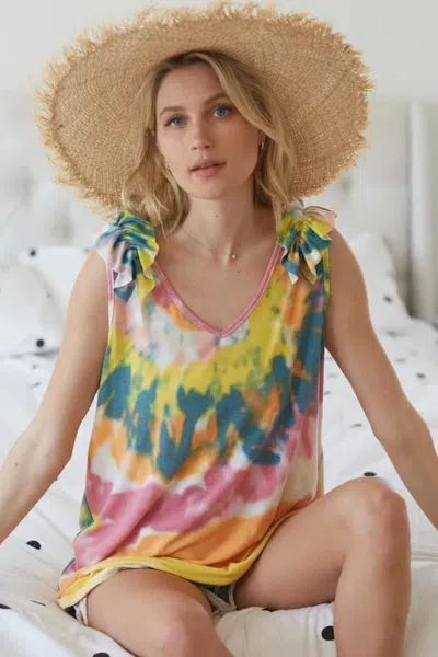 Truedames Circular Tie Dye Knit V Neck Top With Ruffle In Multi