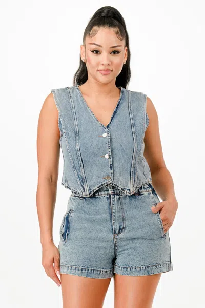 Truedames Classic Denim Vest And Short Pants Set In Gray
