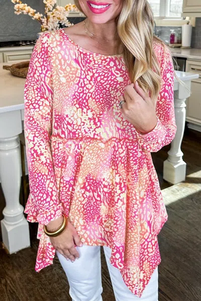Truedames Classic Leopard Print Handkerchief Hem Tunic Top In Pink
