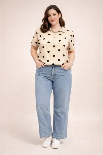 Truedames Classic Polka Dot Collared Polo Top In Brown