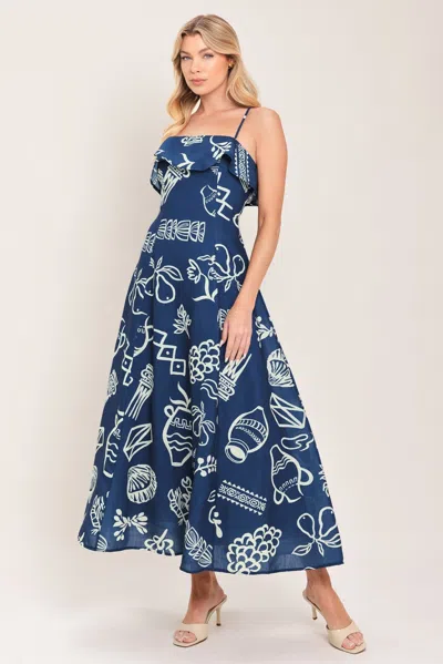Truedames Coastal Sketch Woven Midi Dress In Blue