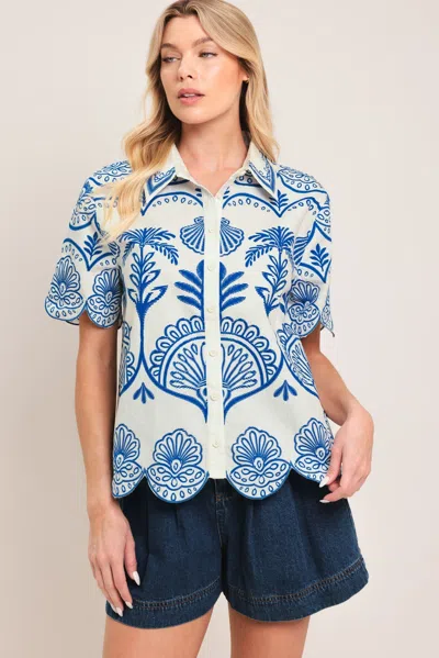 Truedames Coastline Palm Woven Top In Blue