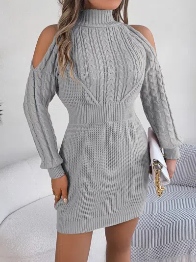 Truedames Cold Shoulder Cable Knit Turtleneck Sweater Dress In Gray