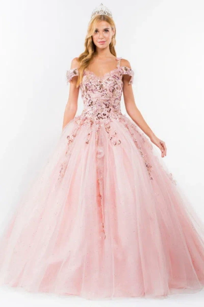 Truedames Cold Shoulder Glitter Detailed Quince Ball Gown In Pink