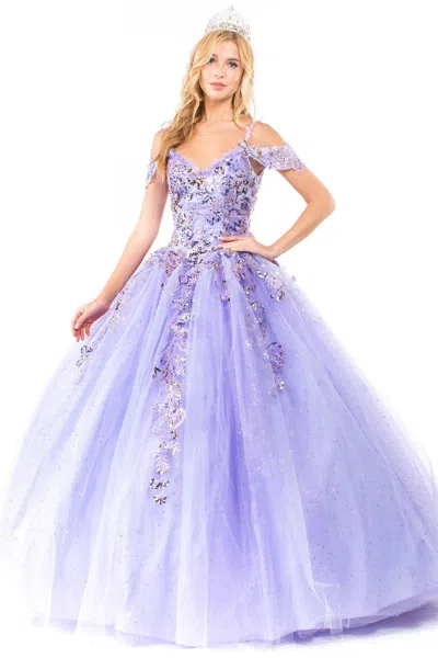 Truedames Cold Shoulder Glitter Detailed Quince Ball Gown In Purple
