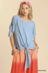 Truedames Cold Shoulder Short Sleeve Round Neck Top With Side Slits And Tie-able Knot Details In Blue