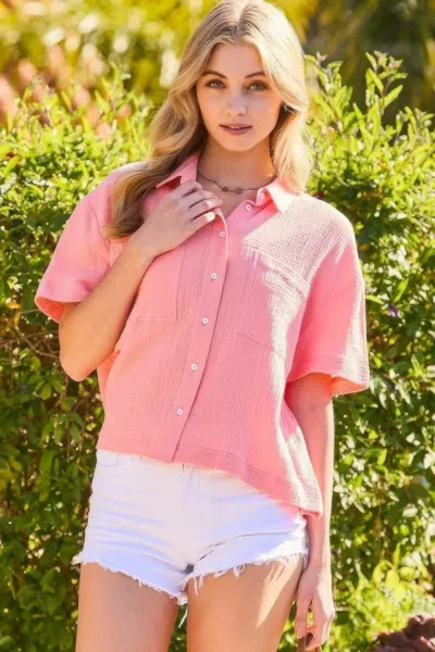 Truedames Collar Neck Button Down Front Pockets Solid Cotton Gauze Top In Pink