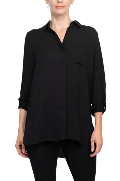 Truedames Collared 3/4 Sleeves Front Button Closure Chiffon Crepe Shirt In Black